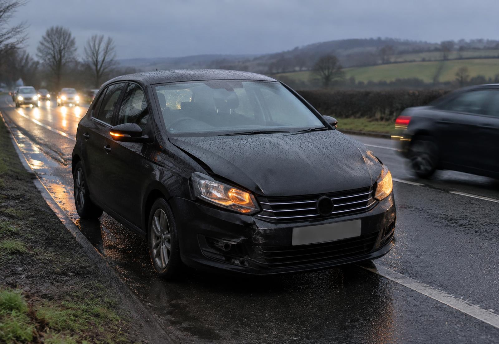 A vehicle stopped safely beside a wet road at dusk