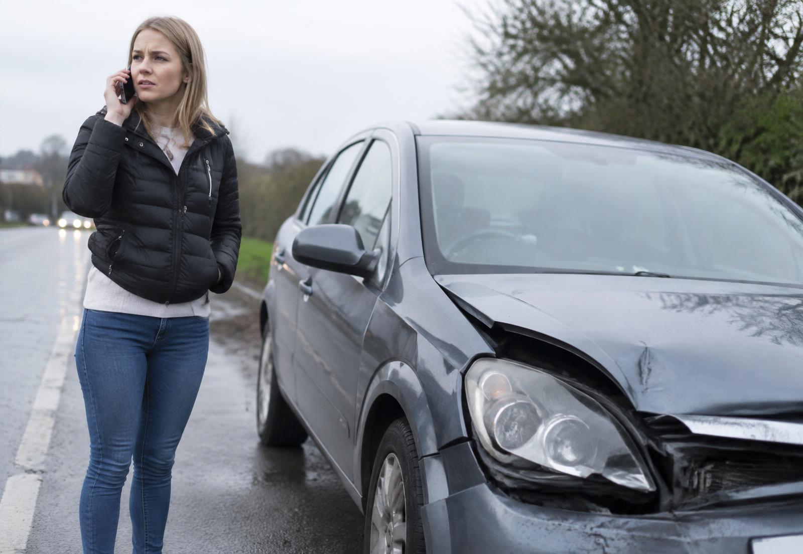 A motorist making a phone call beside a vehicle