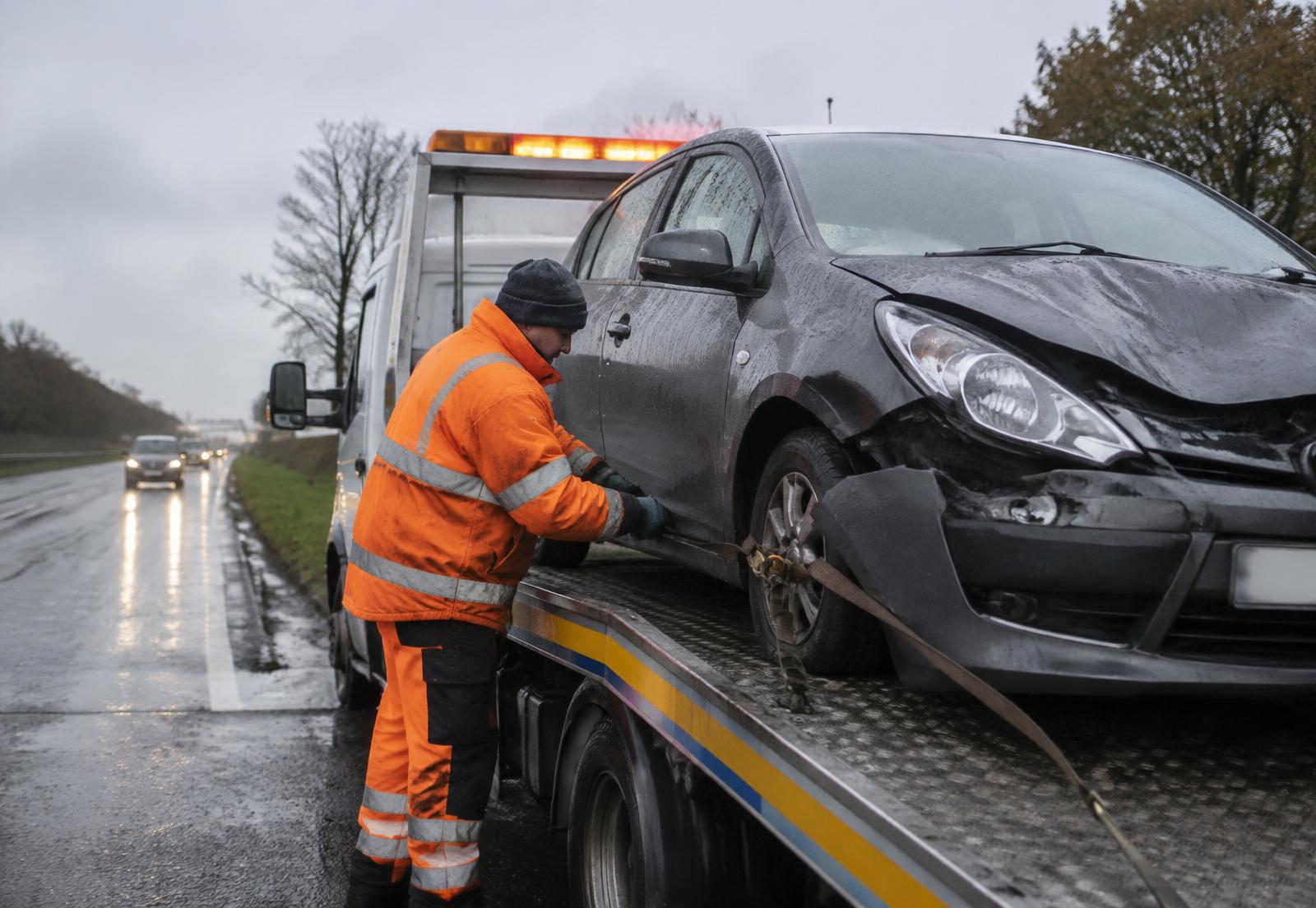 A vehicle being carefully loaded onto a recovery truck