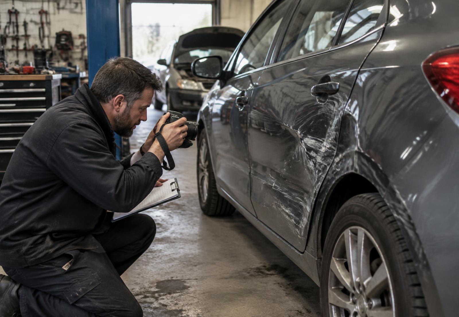 A professional assessor documenting accident damage on a vehicle