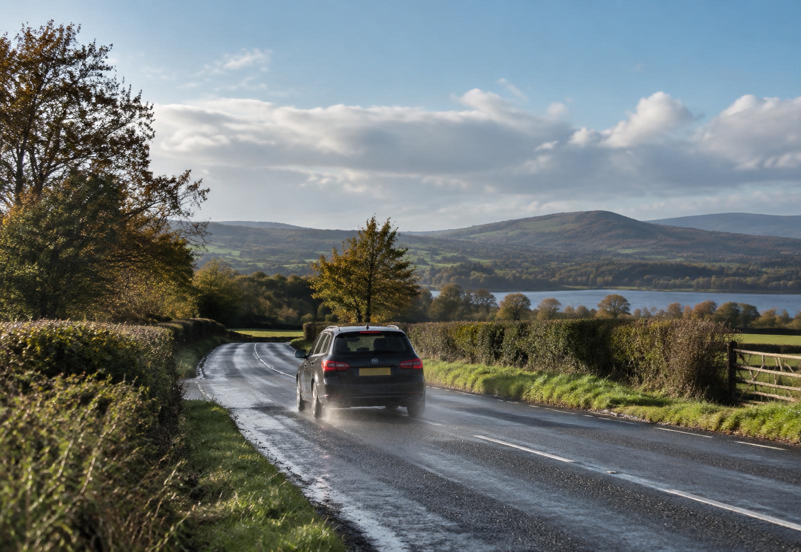 A car driving on an open road at sunrise