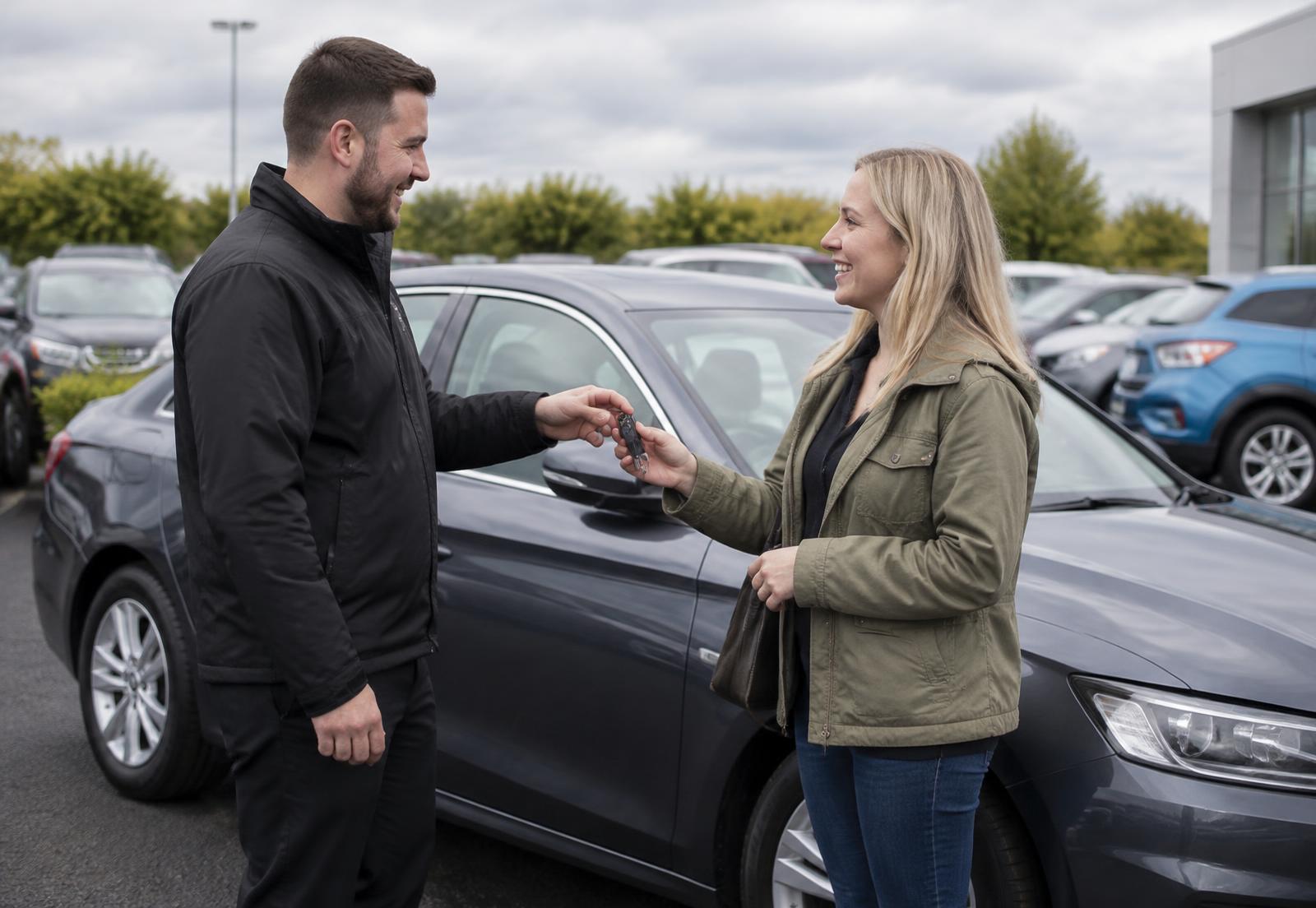 A customer receiving the keys to an illustrative unbranded replacement vehicle